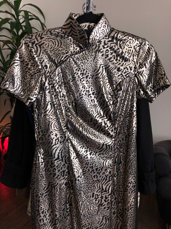 Vintage 1990's Shiny Metallic Silver and Black Le… - image 2