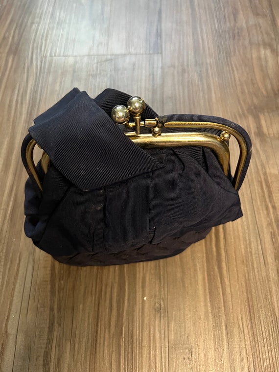 Small Vintage Dark Blue Cloth Handbag With Gold M… - image 2