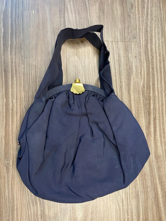 Vintage 1940's/1950's Dark Blue Handbag with Gold… - image 1