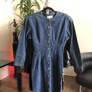 Rare Vintage 1980&#39;s PARIS BLUES Hourglass Denim Blue Jean Button Snap Up Long Sleeve Dress
