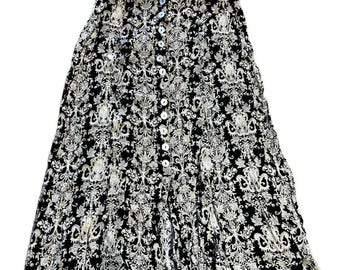 Spódnica midi vintage z nadrukiem paisley i damaszku z lat 90. z guzikami z przodu