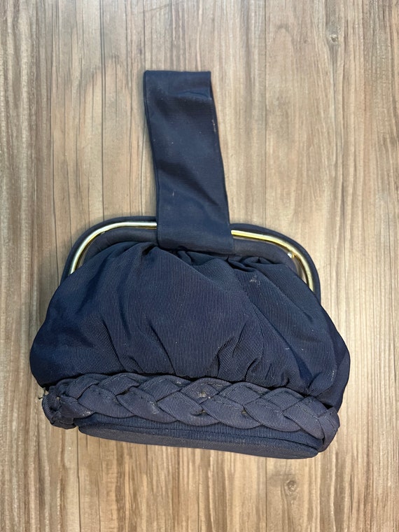 Small Vintage Dark Blue Cloth Handbag With Gold M… - image 4