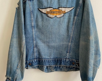 Vintage Big E Levi's 2 Pocket Distressed Harley Davidson Patched Denim Jean Jacket