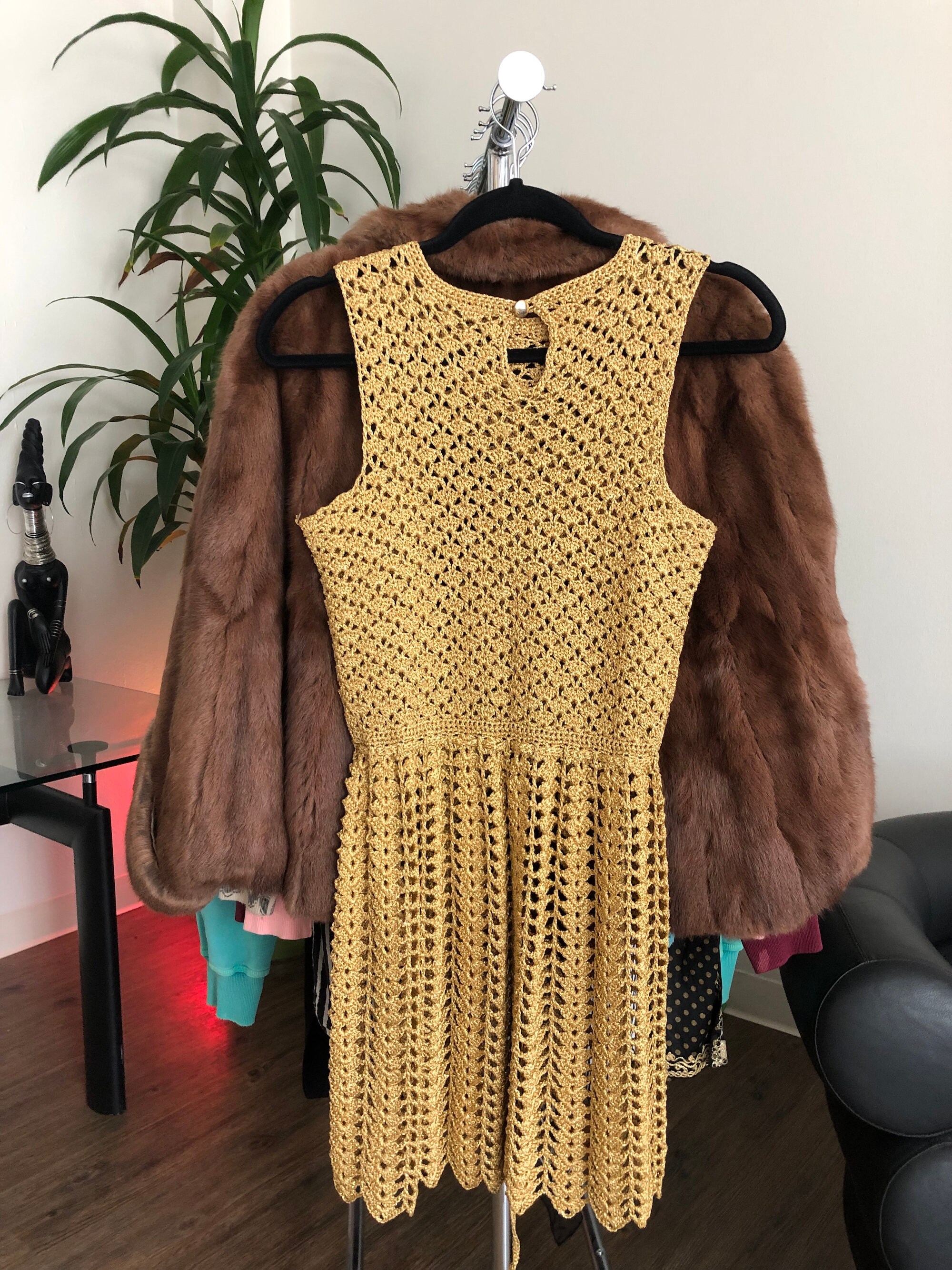 Vintage 1960s Gold Crochet Sleeveless Dress: Drawstring Waist