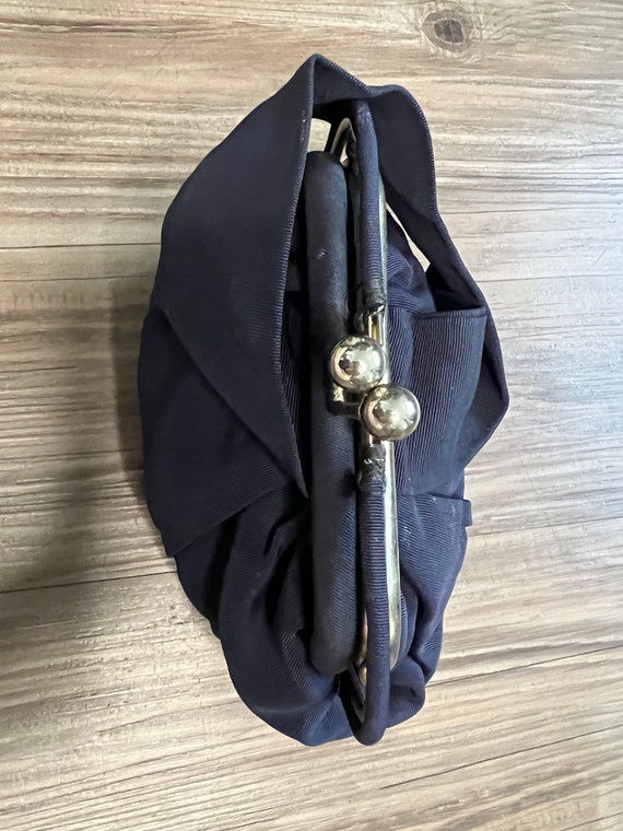 Small Vintage Dark Blue Cloth Handbag With Gold M… - image 5