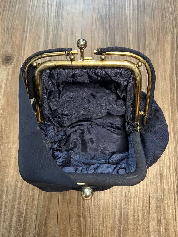 Small Vintage Dark Blue Cloth Handbag With Gold M… - image 6