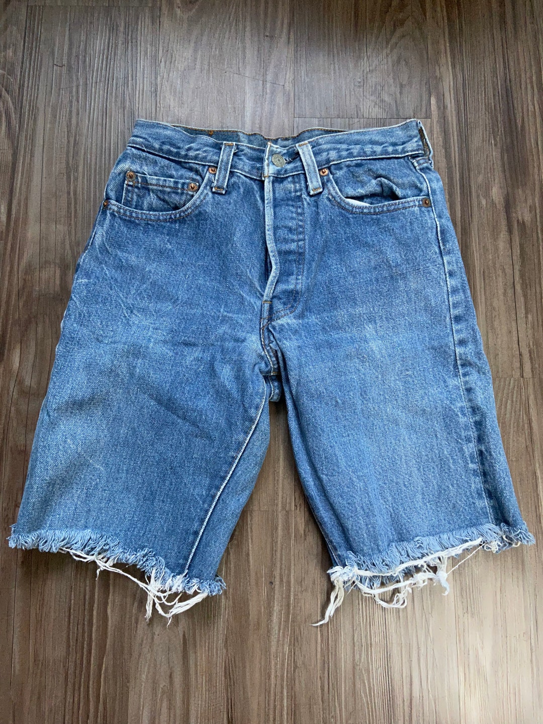 Vintage Levi's 501 Redlines Long Cut off Denim Blue Jean Shorts