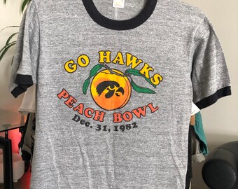 Vintage 1980's IOWA HAWKEYES Peach Bowl Football Athletic Two-Toned Style T-Shirt - Dec. 31, 1982