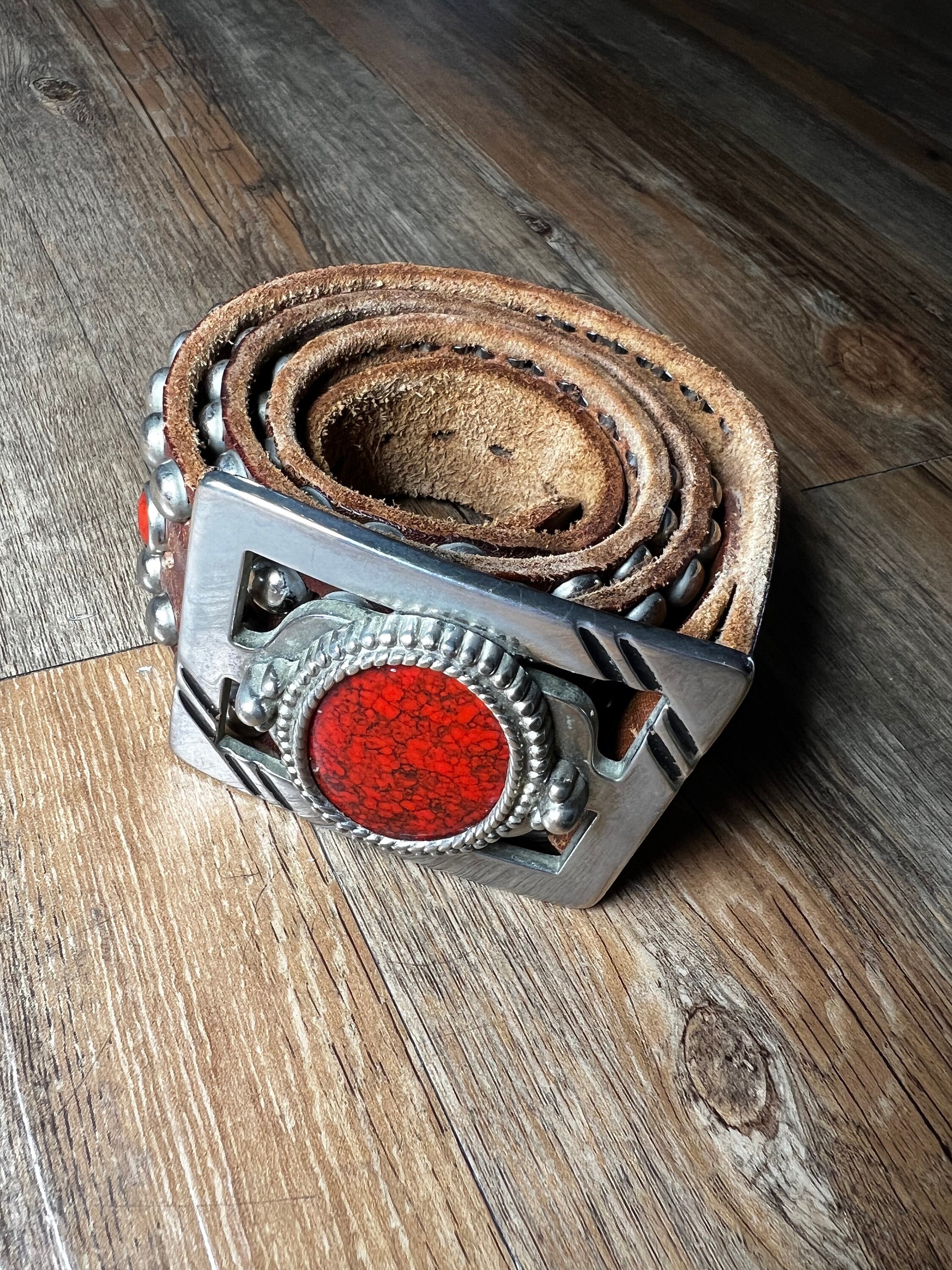 Vintage Brown Leather Heavy Studded Belt and Buckle - Etsy display picture 1
