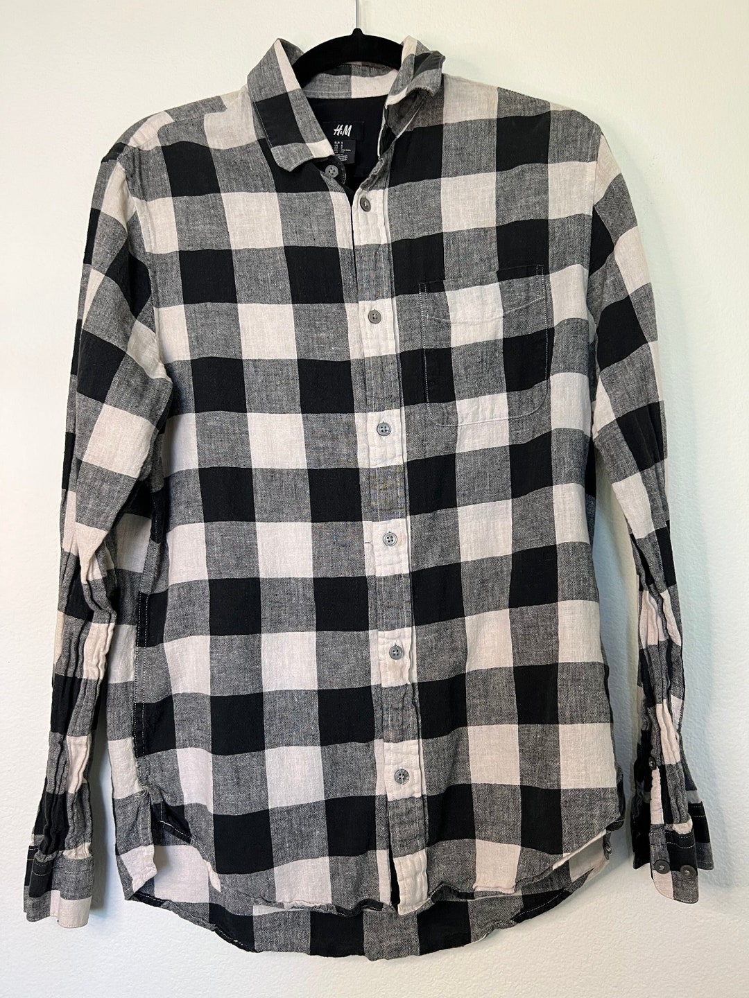 H&M Black and White Long Sleeve Plaid Button Up - Etsy