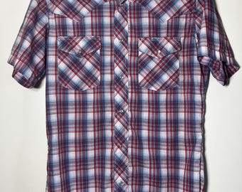 Camicia vintage Wrangler con bottoni automatici e motivo a quadri rossi, bianchi e blu