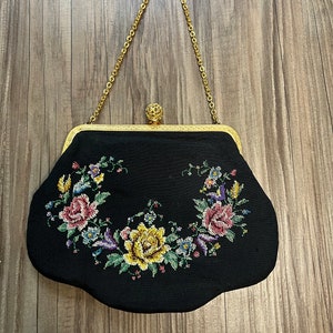 Small Vintage Black Floral Needlepoint Handbag
