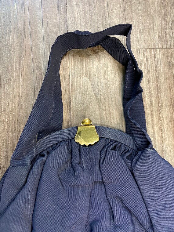 Vintage 1940's/1950's Dark Blue Handbag with Gold… - image 3