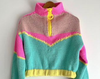 Colour Blockade Knit Up Zip Up Knitting Pattern Jacket Sweater Oversized Snow Sweater Retro Style Colourful Bulky Yarn PDF Digital Download