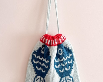 Sushi Date Bag Drawstring Stranded Colorwork Knitting Pattern DK Weight Yarn PDF Pop Culture Soy Sauce Retro Knit Bag