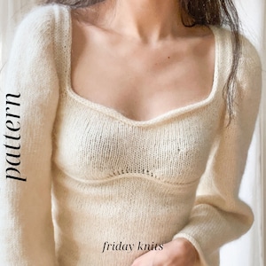 Daphne Blouse Knitting Pattern Knit Top Mohair Pattern Sweetheart Neckline Knitted Pattern Top Down Knitted Top Friday Knits Digital PDF