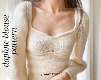 Daphne Blouse Knitting Pattern Knit Top Mohair Pattern Sweetheart Neckline Knitted Pattern Top Down Knitted Top Friday Knits Digital PDF