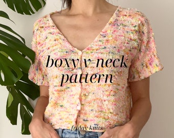 Boxy V Neck Knitting Pattern Top Down Summer Knit Pattern Easy Knits 4 Ply Yarn Digital Download PDF
