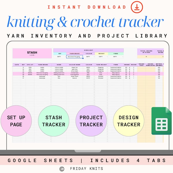 Yarn Inventory Project Library Spreadsheet Crafting  Handmade Products Knitting Crochet Garments Project Log Page Google Sheets