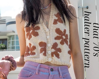 That 70's Halter Knitting Pattern Retro Top Knitted Crop Top Cotton Top Summer Aran Weight Duplicate Stitch PDF