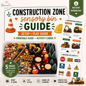Puede incluir: Una guía de contenedor sensorial de zona de construcción con instrucciones y tarjetas de actividades imprimibles. El contenedor incluye relleno negro, cuentas de madera, rocas, vehículos de construcción, conos y árboles.