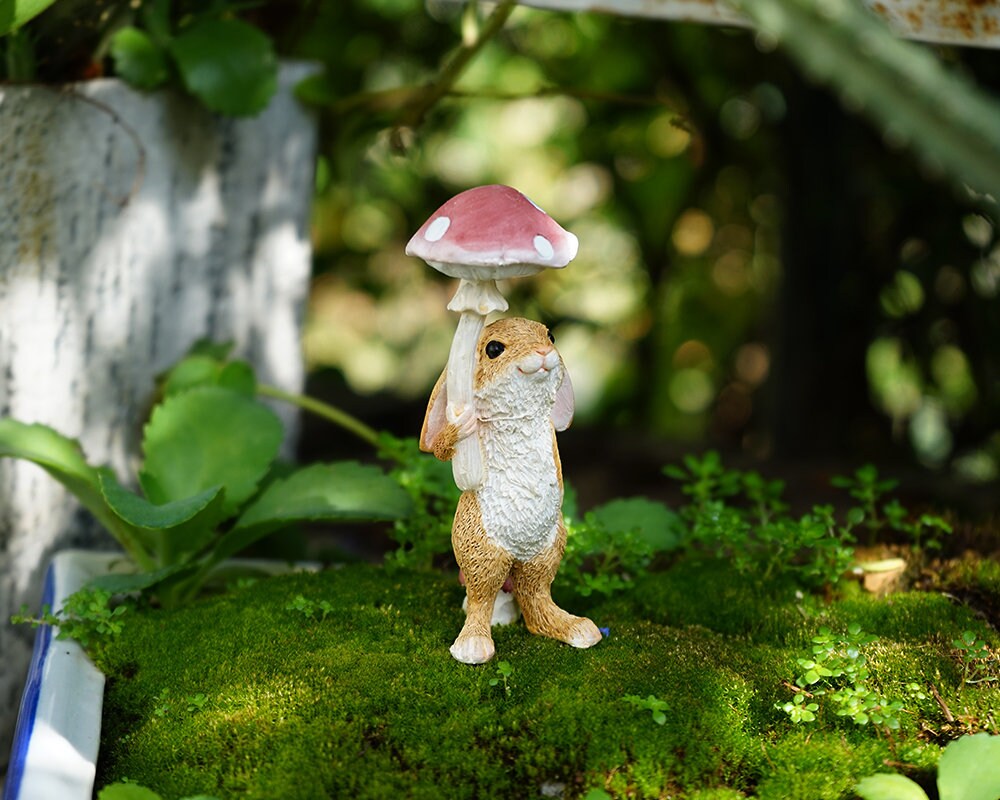 Miniature Fairy Small Rabbit with Mushroom Animal Figurines | Etsy
