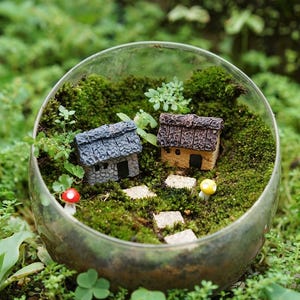 10 PCS Miniature Tiny Fairy Grey and Brown Thatched Cottage Mushroom and Steps Fairy Garden Supplies & Accessories Terrarium Figurines
