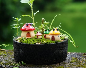 May include: A miniature fairy garden in a black pot. The garden features several mushroom-shaped houses with red, pink, green, and yellow caps. The houses have tan bases and small brown doors. The garden is filled with green moss and small plants.