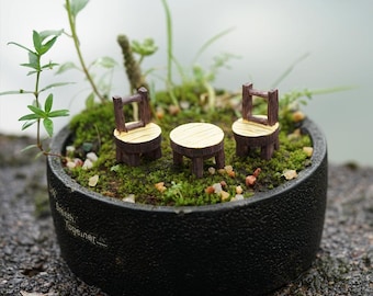 Könnte beinhalten: Ein Miniatur-Set aus Holztisch und Stühlen in einem schwarzen Topf mit grünem Moos und kleinen weißen Steinen. Tisch und Stühle sind braun mit einer hellbraunen Oberseite.