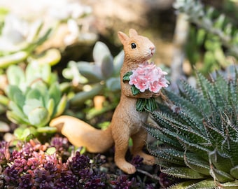 Miniature Fairy Small Squirrel with Pink Flower Fairy Garden Supplies & Accessories Terrarium Figurines