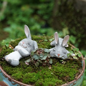 Schlafendes Graues Kaninchen Figuren (2er Set) - Miniatur Feengarten Dekor