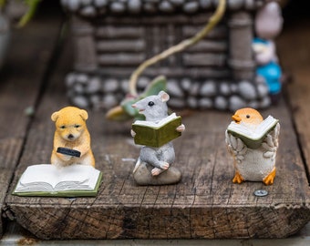 Miniature Fairy Animals Reading Book Animal Figurines Fairy Garden Supplies & Accessories Terrarium Figurines