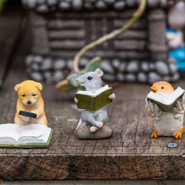 Miniature Fairy Animals Reading Book Animal Figurines Fairy Garden Supplies & Accessories Terrarium Figurines