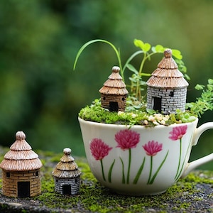 Miniature Fairy Tiny Thatched Cottage Grey and Brown Fairy Garden Supplies & Accessories Terrarium Figurines