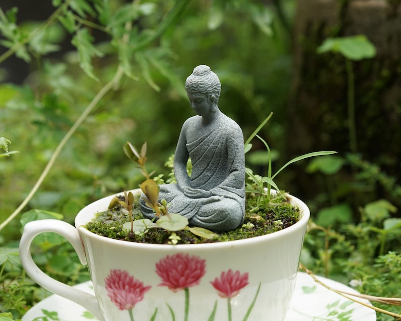 K&ouml;nnte beinhalten: Eine kleine graue Steinbuddha-Statue sitzt in einer wei&szlig;en Teetasse mit gr&uuml;nem Moos und kleinen Pflanzen. Die Teetasse steht auf einem wei&szlig;en Unterteller mit rosa Blumen.