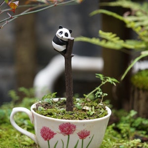 Puede incluir: Una figurita de panda en miniatura posada sobre una pequeña rama de árbol, colocada en una taza de té blanca con diseños florales rosas. La taza de té está llena de musgo verde y pequeñas plantas.