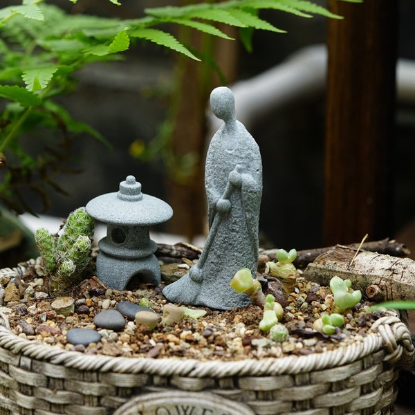 Miniature Fairy Japanese  Three Holes Stone Lamp and Small Buddha Fairy Garden Supplies & Accessories Terrarium Figurines