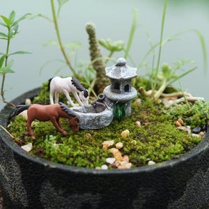 May include: A miniature garden scene in a black pot, featuring a stone fountain, a small pagoda, and two toy horses. The scene is covered in green moss and small pebbles, with a backdrop of greenery and a blurred water feature.