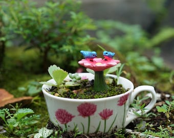 May include: A white teacup with a floral pattern is filled with moss, small plants, and two blue bird figurines perched on a pink flower.