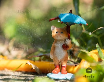 Miniature Fairy Small Cat Holding Blue Umbrella Animal Figurines Fairy Garden Supplies & Accessories Terrarium Figurines