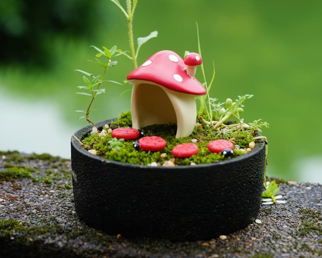 Miniature Fairy Small Red Mushroom House and Ladybug Steps Fairy Garden ...