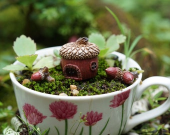 Può includere: Una casetta in miniatura a forma di ghianda con un tetto marrone e muri in mattoni rossi si trova in una tazza da tè bianca piena di muschio e piccole piante. La tazza da tè ha un motivo floreale e un manico.