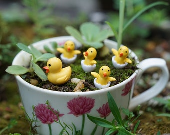 May include: A white teacup with pink floral designs filled with moss and miniature yellow duck figurines. The duck figurines are in various poses, some are sitting in eggshells.