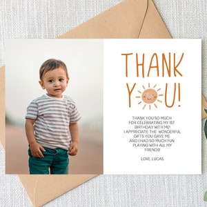 Primer viaje alrededor del sol Primera fiesta de cumpleaños Tarjeta de agradecimiento plana / Tarjeta de agradecimiento editable / Amarillo Naranja Boho Imagen personalizada / A129 A59