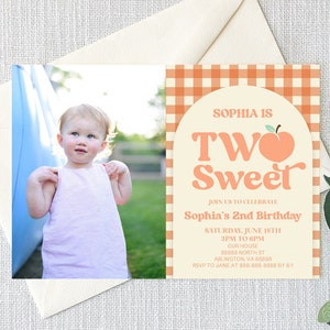 Two Sweet Peach 2nd Birthday Party Invitation | Second Birthday Party Invite | Editable Custom Picture Photo A37