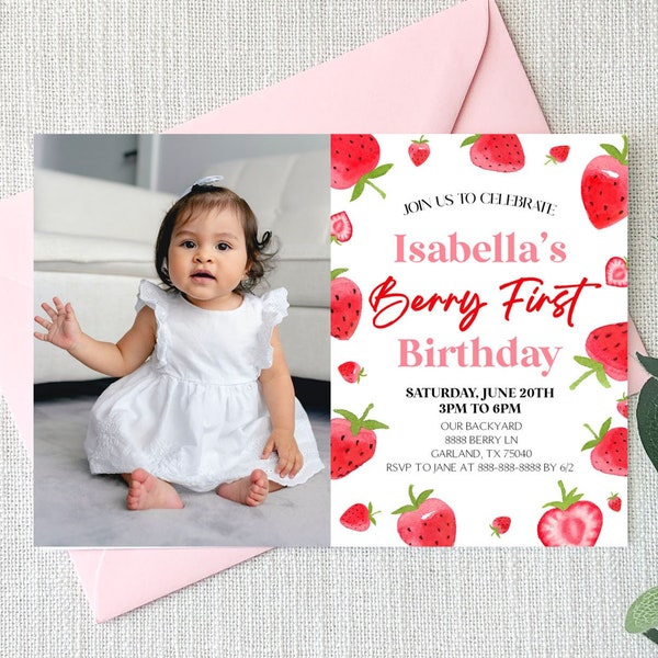 Berry First Birthday Party Custom Photo Picture Invitation | Strawberry 1st Birthday Invite | Editable Invite | Red Straw Berry Fruit A16