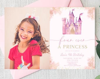 May include: A pink birthday invitation with a watercolor castle design and the text "Four Ever A Princess." The invitation is accompanied by a photo of a smiling child wearing a unicorn headband and a pink envelope.