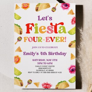 Einladung zur Fiesta Four-Ever 4th Birthday Party | Retro Taco Fiesta Vierter Geburtstag Party Einladen | Bearbeitbar Fiesta Four Ever Invite b57