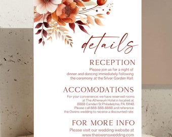 Tarjeta de detalles de boda floral en tonos burdeos y marrón óxido / Tarjeta de información con arreglo floral rojo para detalles de boda / Editable C72