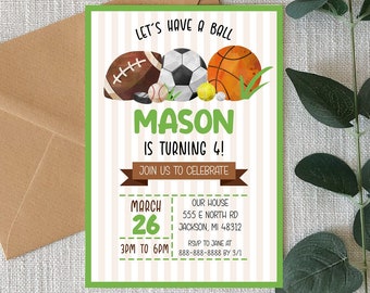 Editable Sports Themed Birthday Invitation, Sport Theme B-Day Invites, Basketball Baseball Soccer Football Hockey Puck Golf Ball Tennis Ball